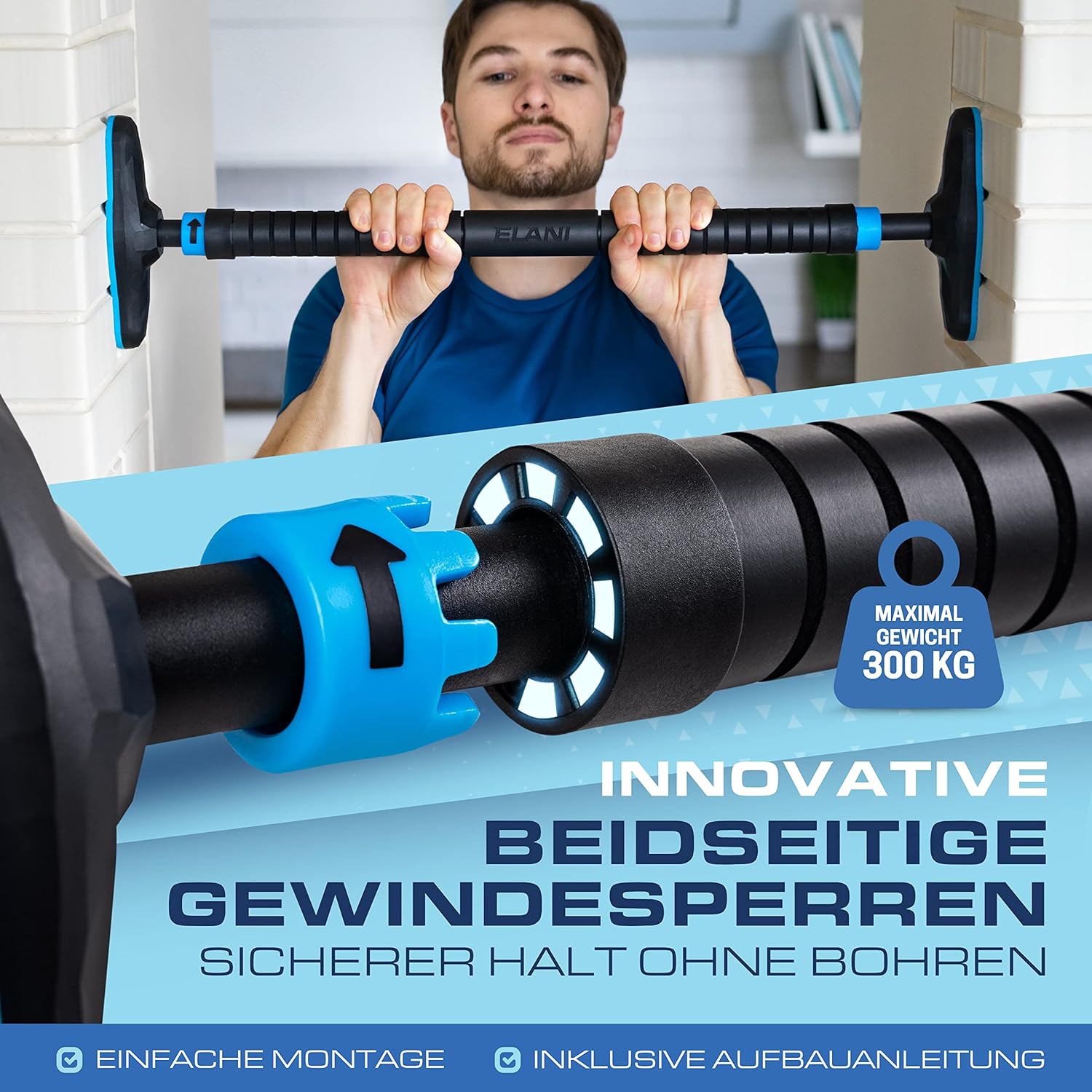 Klimmzugstange für Türrahmen 70–90 cm – Sicher & ohne Bohren, bis 300 kg | ELANI