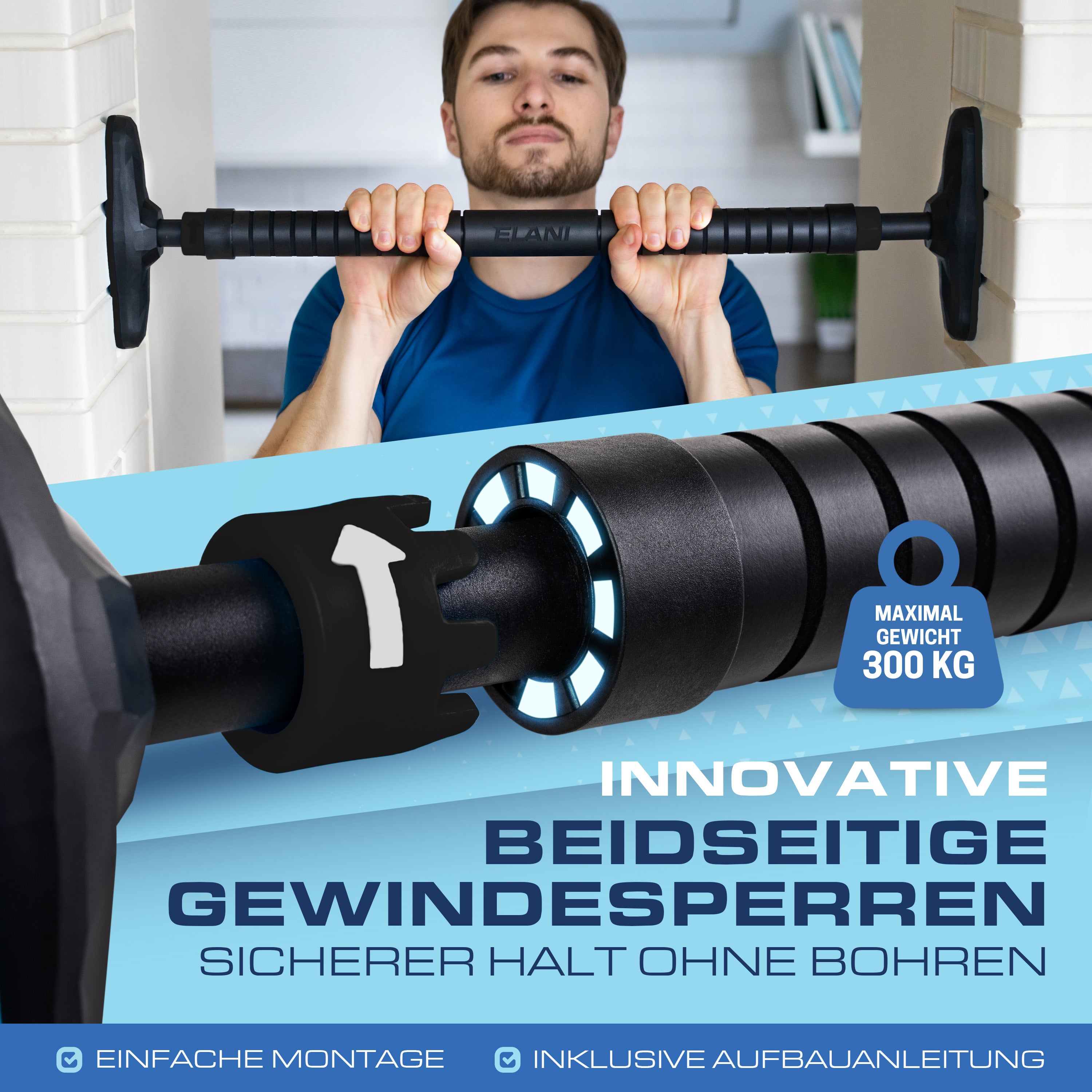 Klimmzugstange für Türrahmen 70–90 cm – Sicher & ohne Bohren, bis 300 kg | ELANI