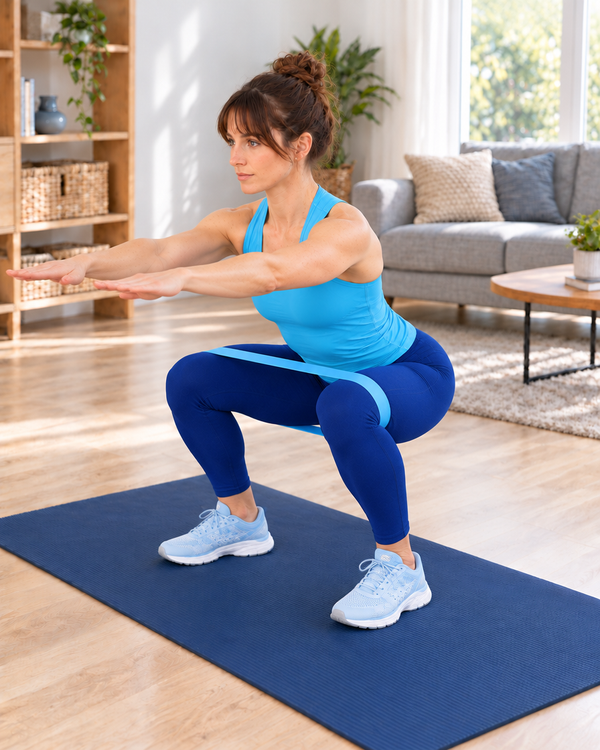 Kniebeuge mit Fitnessband über den Knien