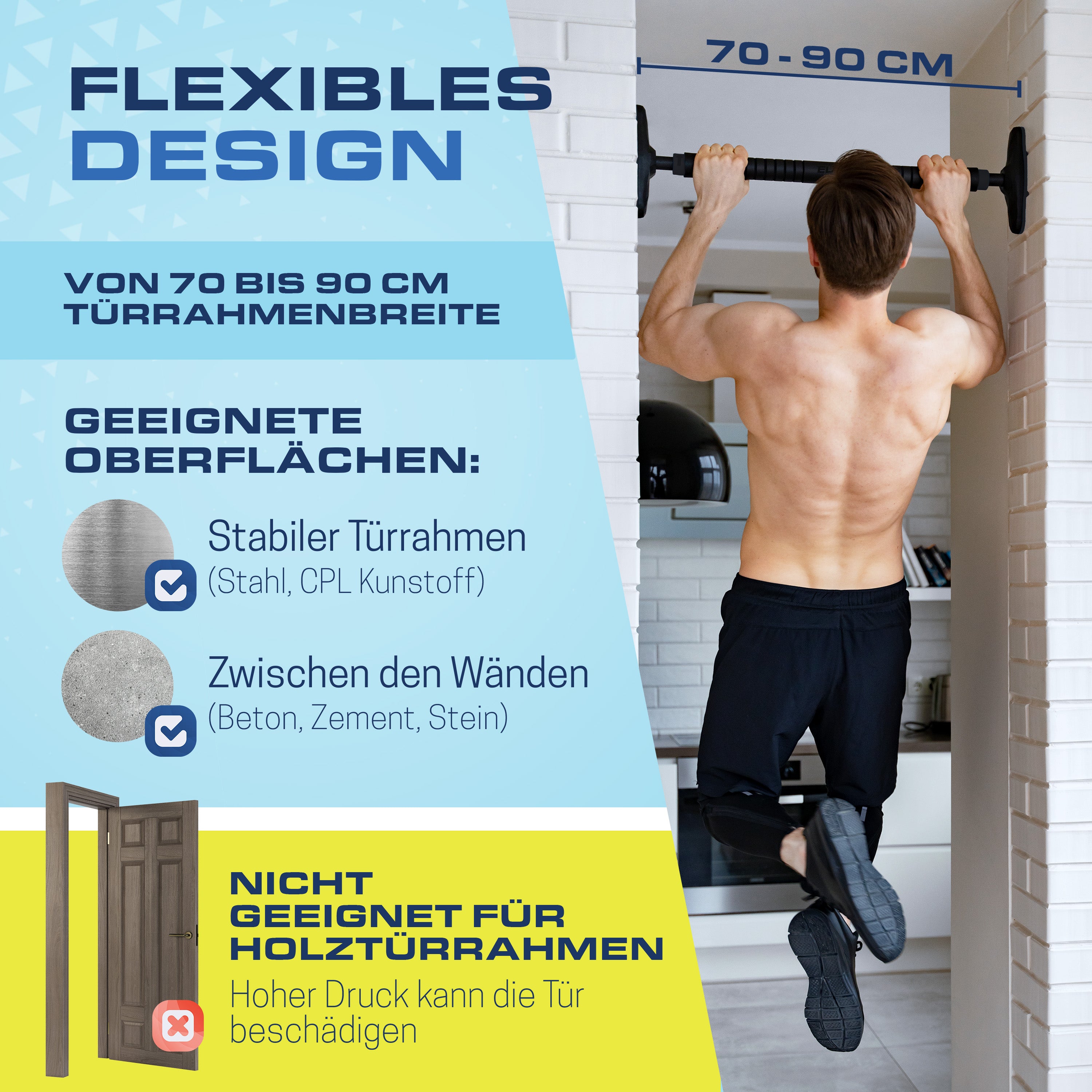 Klimmzugstange für Türrahmen 70–90 cm – Sicher & ohne Bohren, bis 300 kg | B-Ware (50 % Rabatt)